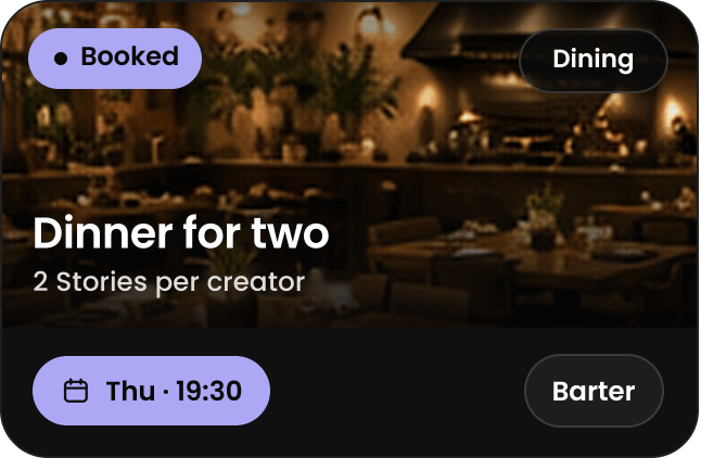Example barter booking in the REACH app: dinner for two, booked for Thursday at 19:30, 2 Stories per creator.