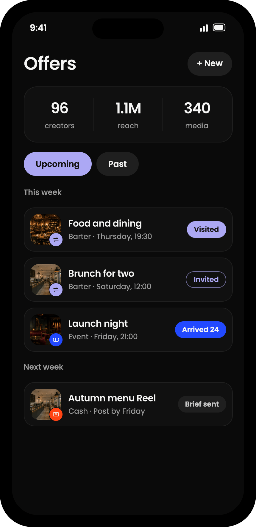 Example Offers screen in the REACH Business app: creators, reach, and media to date, then this week's barter bookings.