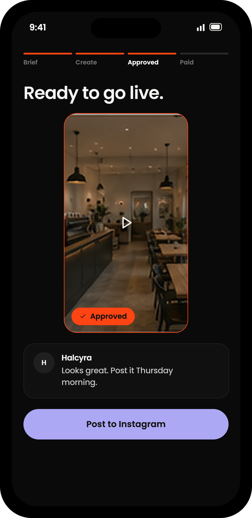 Example cash campaign in the REACH app: the draft approved by the business, with its note, ready to go live.