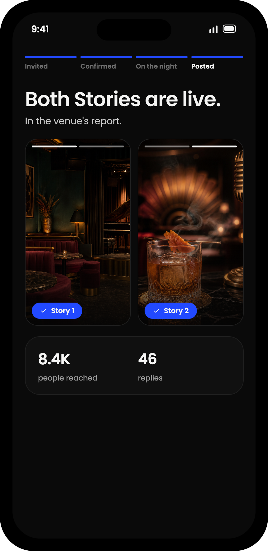 Example event report in the REACH app: both Stories from the night live, with the people reached and the replies.