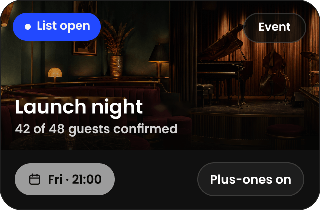Example event in the REACH app: a launch night, list open, 42 of 48 guests confirmed, Friday at 21:00.